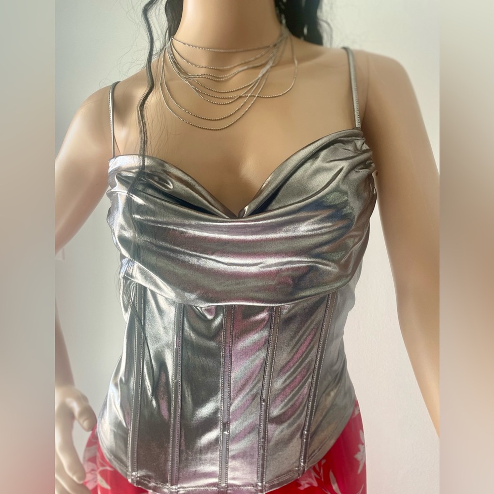 NWOT Sincerely Jules Silver Metallic Bustier Corset Drape Party Top. Size medium